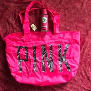 PINK hot pink tote with free pink 8.4 fl oz unscented spray hand sanitizer
